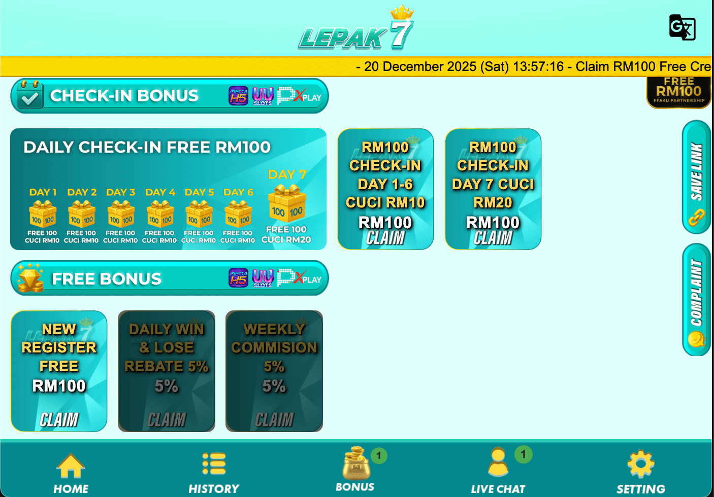 Lepak7 Check-In button and Promotion red packet to claim RM100 free credit no deposit