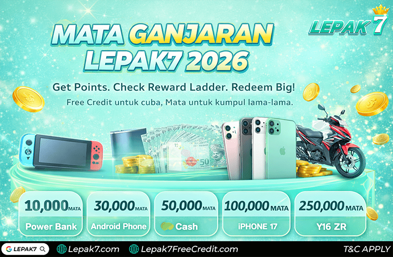 Mata Ganjaran Lepak7 2026 reward system banner showing point collection, iPhone 17, Nintendo Switch, cash rewards, and long-term redemption ladder