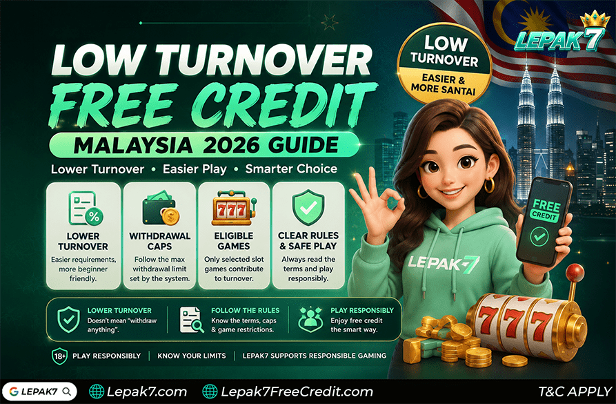 low turnover free credit Malaysia 2026 guide showing easier turnover rules withdrawal caps eligible slot games and beginner friendly free credit systems