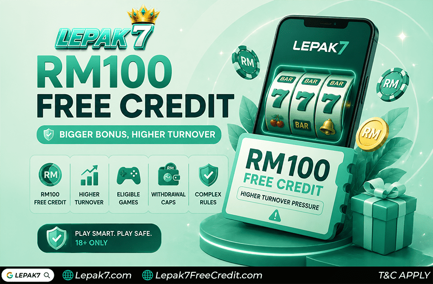 RM100 free credit Malaysia 2026 guide showing bigger bonus higher turnover pressure eligible games withdrawal caps and beginner comparison