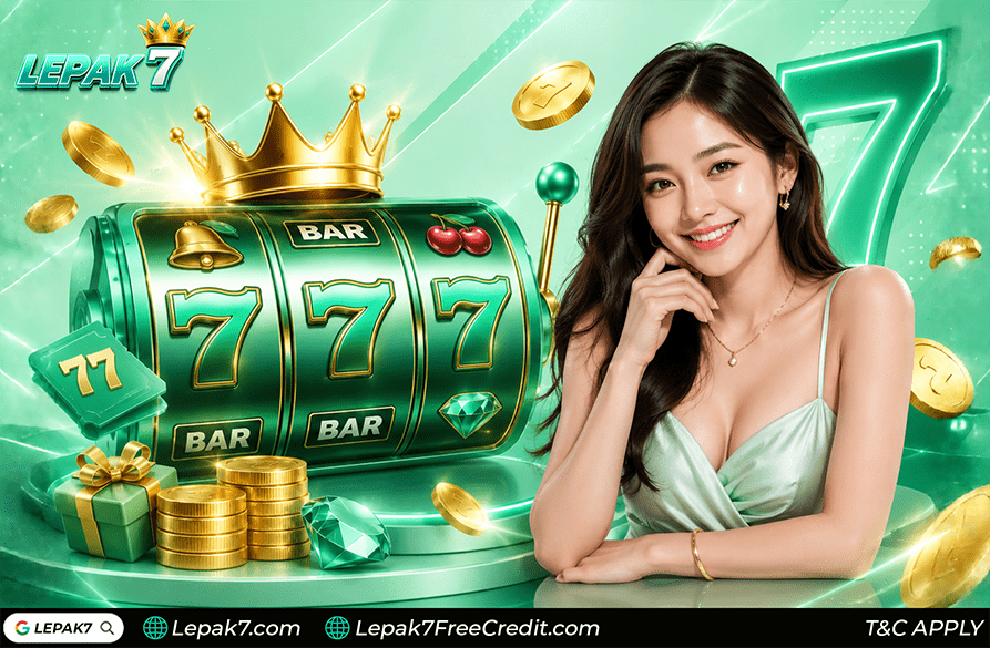 Lepak7 green online slot promotional banner with slot machine and bonus icons
