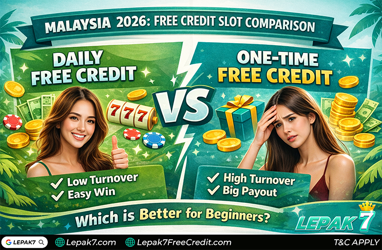 free credit slot daily vs one-time Malaysia 2026 Lepak7 comparison banner about turnover caps and which is better for beginners