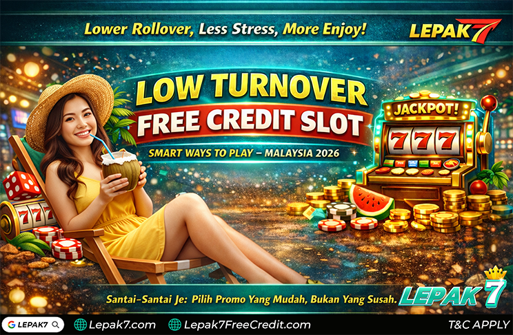 low turnover free credit slot Malaysia 2026 banner - Lepak7 guide for casual players who want lower rollover and less stress