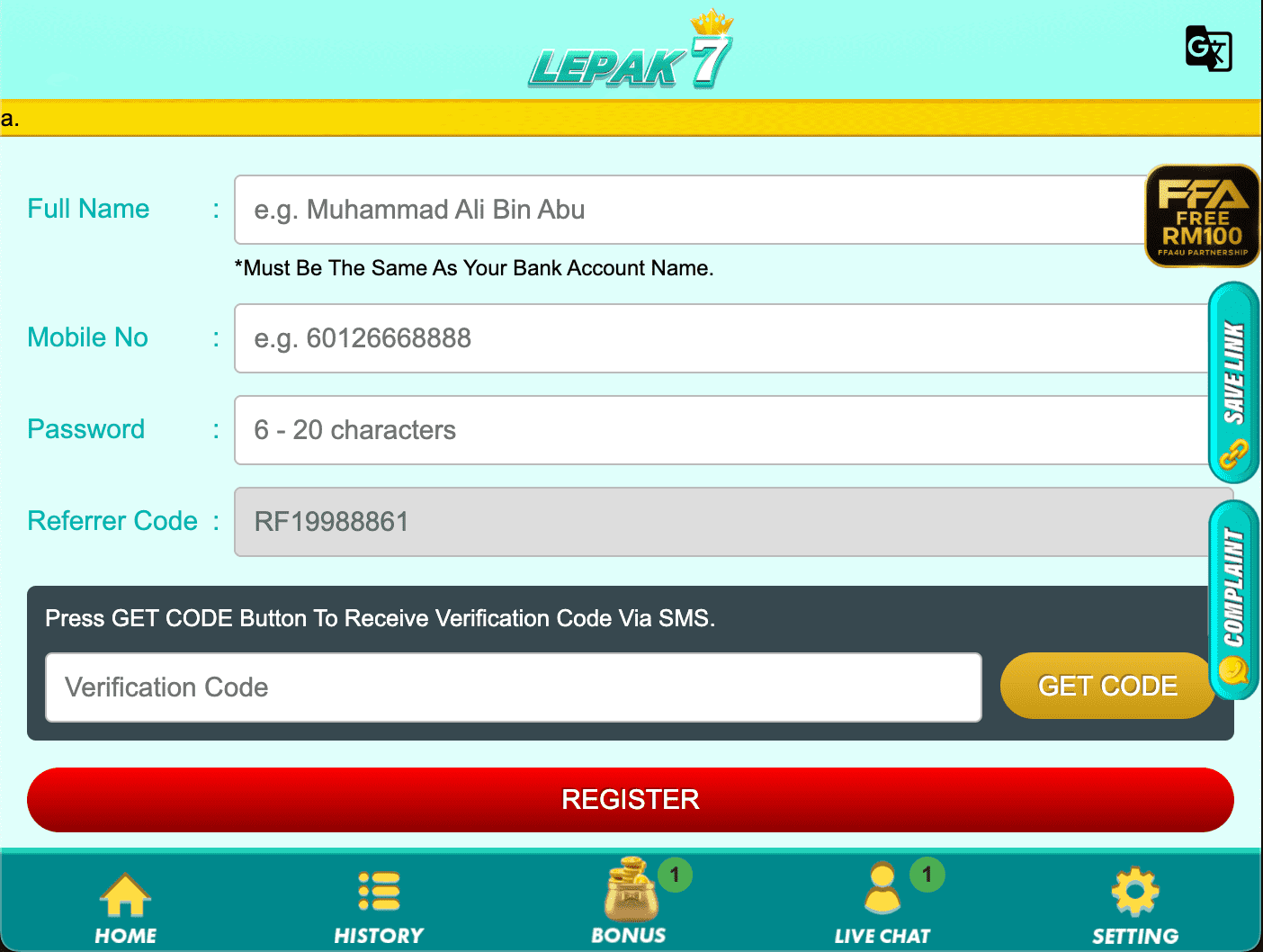 Lepak7 SMS registration form with GET CODE SMS verification and Register button