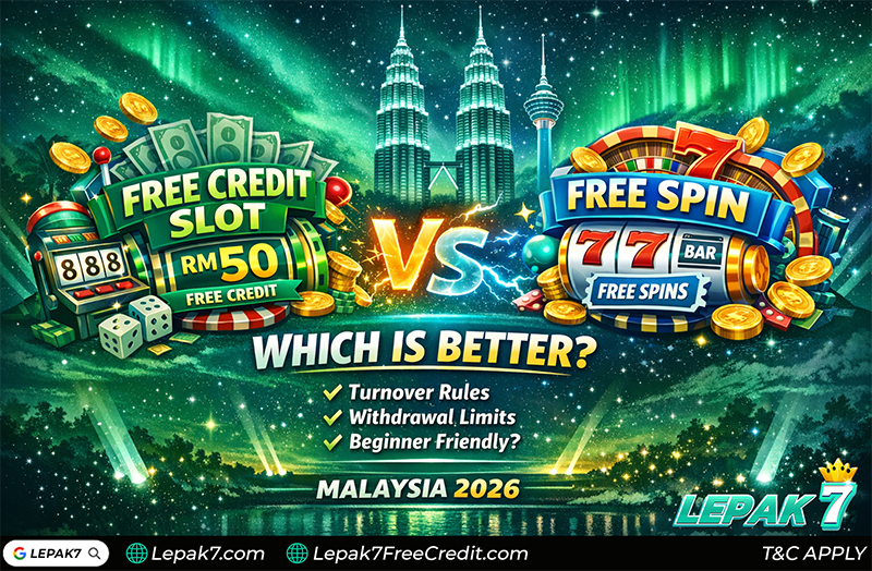 free credit slot vs free spin Malaysia 2026 - Lepak7 comparison on turnover, caps, and beginner friendliness