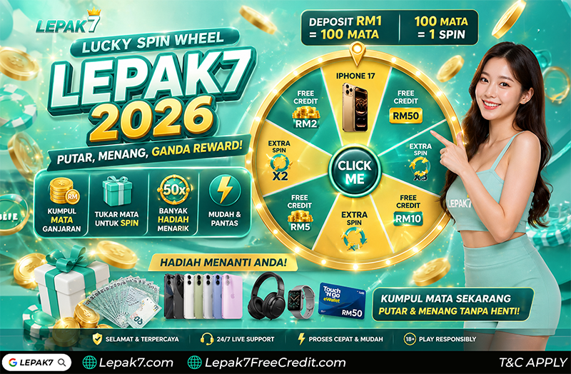 Lucky Spin Wheel Lepak7 2026 banner showing Mata Ganjaran points, free credit RM50, extra spin and iPhone reward