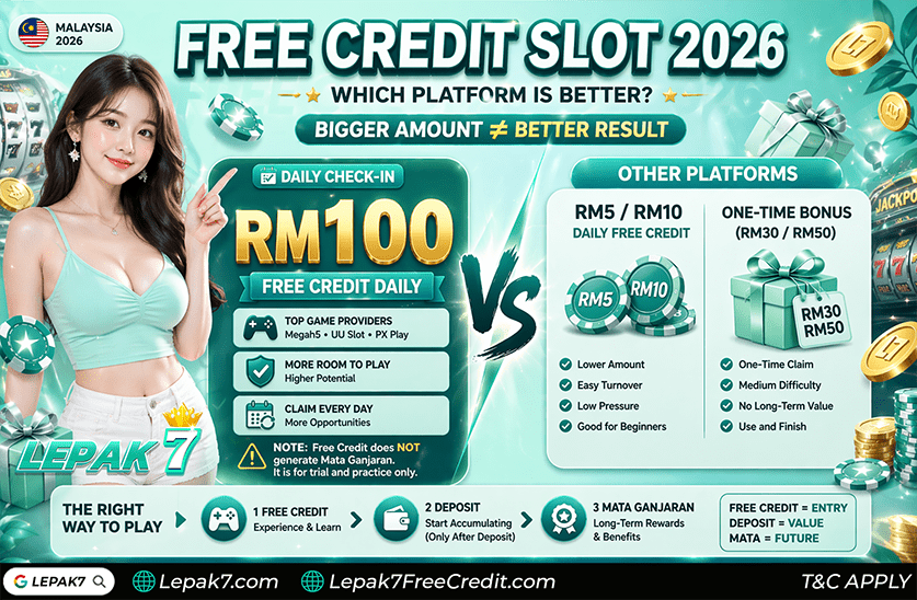Free credit slot 2026 Malaysia comparison banner showing Lepak7 RM100 daily versus smaller RM5 and RM10 free credit platforms