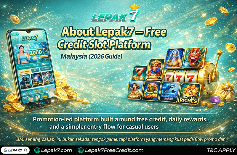 About Lepak7 free credit slot platform Malaysia 2026 featuring mobile-first promotions, free credit flow, and beginner-friendly platform design