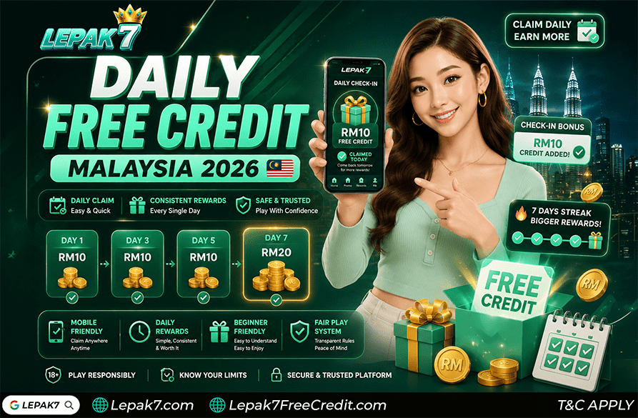 daily free credit Malaysia 2026 guide showing daily claim rewards check-in bonuses free credit systems turnover rules and mobile claiming methods