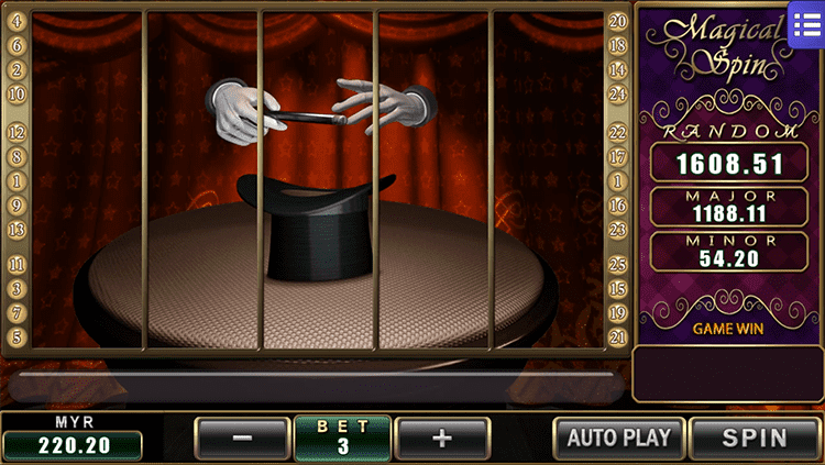 Magical Spins MegaH5 gameplay screenshot with stage and magic theme (free credit slot game)